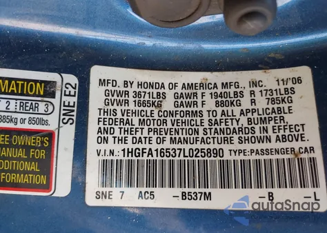 2007 Honda Civic Lx from USA, damaged, VIN 1HGFA16537L025890